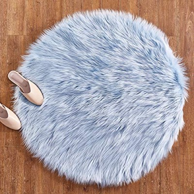 Colorful furry faux area rug as living room floor decoration